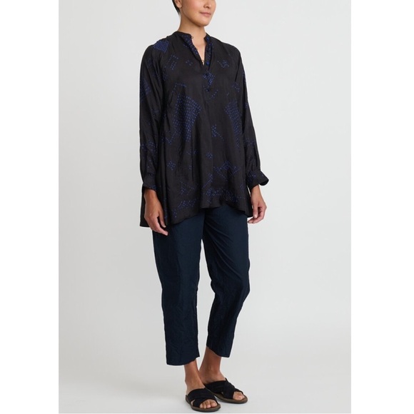 Silk Shekhawati Shirt in Black and Indigo Blue Black Patterned Tunic Top medium - Picture 1 of 8